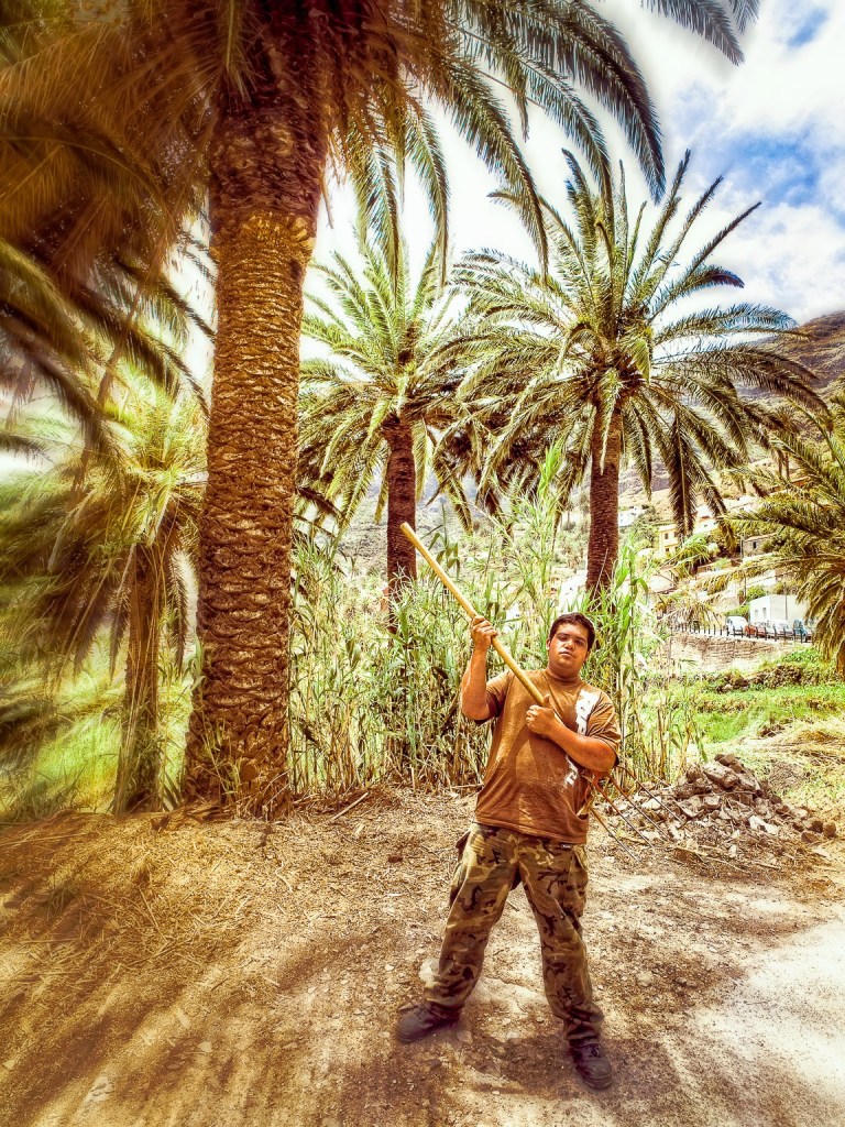 Young man posing with a shovel like an air guitar with tall palm trees behind him