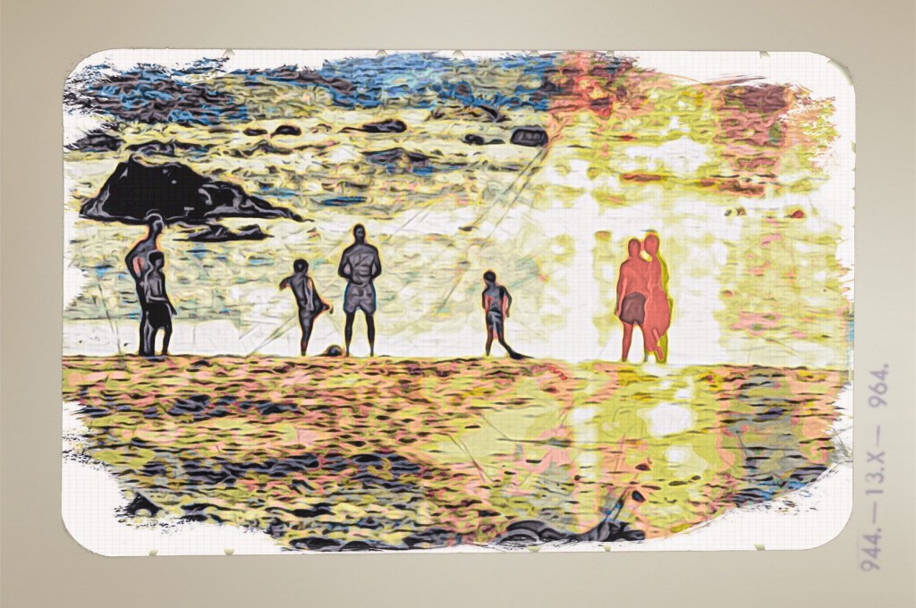 Very light abstract graphic showing faint luminous creatures standing in front of the ocean