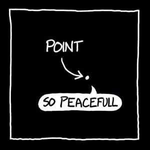 Comic graphic of a single white point on a black background with a peaceful speech bubble