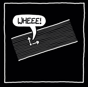 Comic graphic of a white line extending vertically into adjacent spaces with an excited bubble