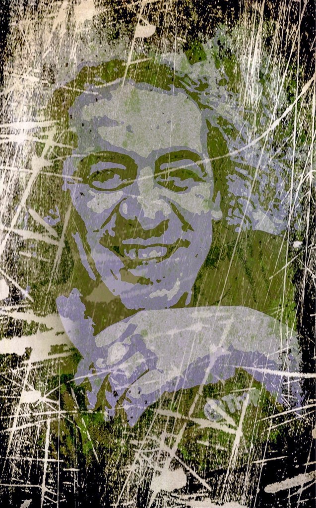 Comic style illustration of a smiling man with chaotic white lines representing suppression