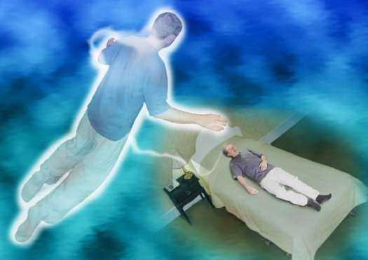 Graphic illustration of an out of body experience showing a man floating above his physical bed