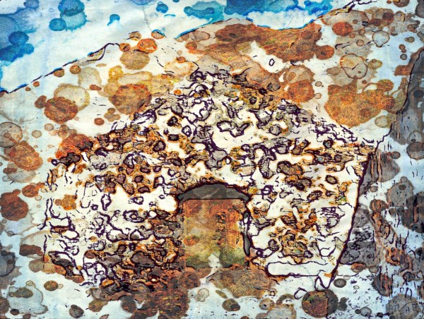 Abstract graphic points manifesting a collapsing house layout representing time collapse