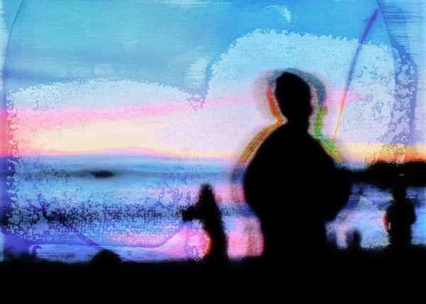 Colourful abstract painting depicting non definable figures moving around in space