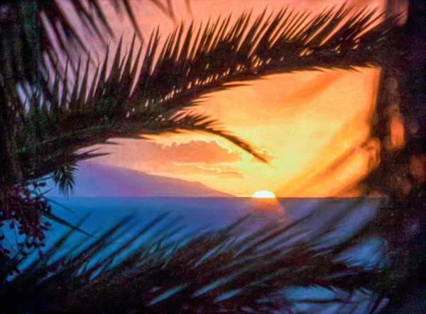 Painterly sunset photo viewed through palm leaves with a distant ocean island