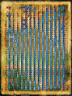 Abstract orange artwork with rows of blurred blue lines and brownish letters