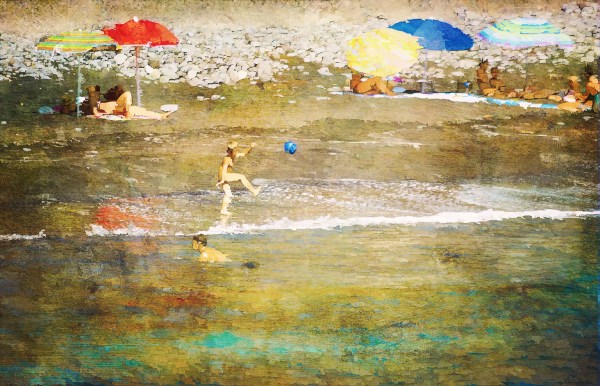 Painterly photo of a beach with resting people and a little boy playing with a ball