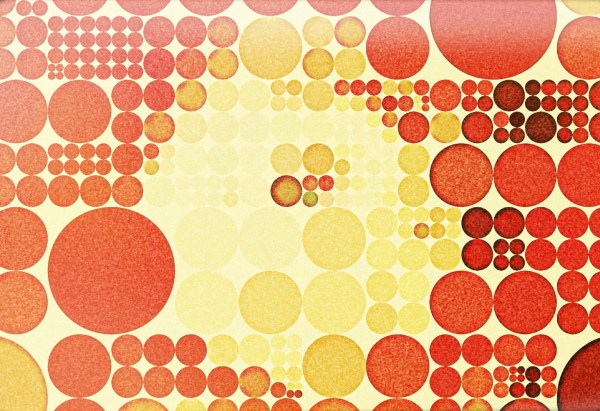 Graphic illustration consisting entirely of multi sized colourful circles tightly arranged