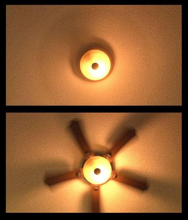 Two vertical panel comparison photos showing a ceiling fan running at high speed and normal speed
