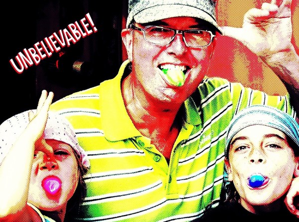 Stylised portrait of Alexius Jorgensen and two children sticking their tongues out